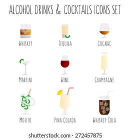 vector flat icons set of glasses with alcohol drinks and cocktails