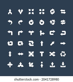 Vector flat icons set and graphic design elements. Illustration with arrows, direction and move solidflat symbols. Turn left, merge, switch, undo, transfer, synchronizing glyph pictogram