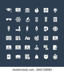 Vector flat icons set and graphic design elements. Illustration with education, online learning, think solid symbols. Book, microscope, calculator, pen, elearning, teacher glyph pictogram