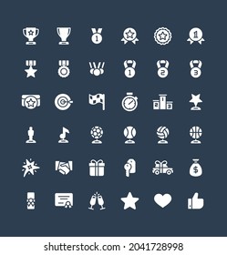 Vector flat icons set, graphic design elements. Illustration with award, achievement symbols. Medal, sport trophy, first place prize, victory gift, cinema, music statuette glyph pictogram