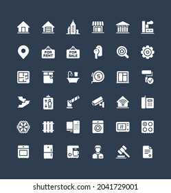 Vector flat icons set, graphic design elements. Illustration with real estate solid symbols. Residential properties, apartments, store, office agency, rent room, bathroom, lift glyph pictogram