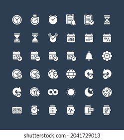 Vector flat icons set and graphic design elements. Illustration with date, time solid symbols. Alarm clock, smart watch, stopwatch, timer, organizer, planning and management glyph pictogram