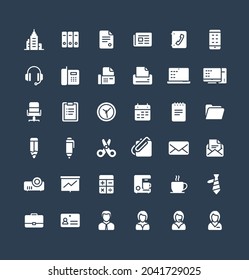 Vector flat icons set and graphic design elements. Illustration with business and office tools solid symbols. Documents, newspaper, telephone, fax, chair, projector screen glyph pictogram