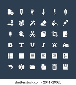 Vector flat icons set, graphic design elements. Illustration with text edit, Graphic tools solid symbols. Pencil, eraser, new file, brush, pen, scissors, bold, italic font glyph pictogram
