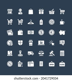 Vector flat icons set and graphic design elements. Illustration with shopping, e-commerce solid symbols. Internet market, store, delivery, gift box, bag, payment, pay per click pictogram
