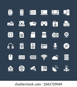 Vector flat icons set and graphic design elements. Illustration with digital and wireless technology solid symbols. Smart phone, laptop, tablet, pc, virtual reality, 3d print glyph pictogram