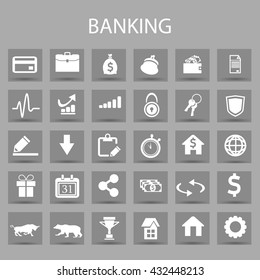 Vector flat icons set and graphic design elements. Illustration with banking and finance outline symbols. Bank, card, wallet, coin, safe, money bag, cash, dollar, euro, pound linear pictogram
