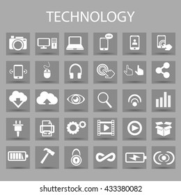 Vector flat icons set and graphic design elements. Illustration with technology and digital outline symbols. Mobile phone, cloud computing, cogwheel, settings, network and media linear pictogram