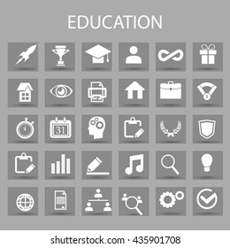 Vector flat icons set and graphic design elements. Illustration with education, online learning, think outline symbols,