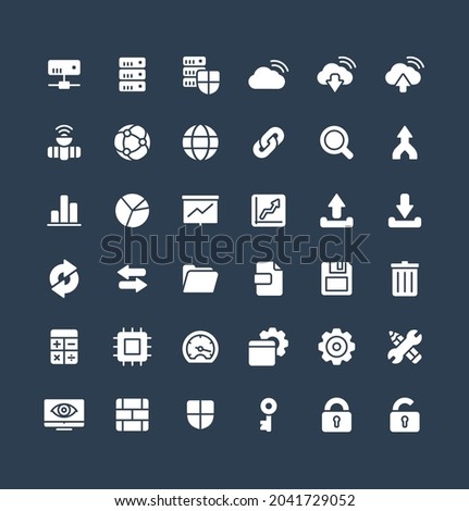 Vector flat icons set and graphic design elements. Illustration with big data and analytics technology solid symbols. Bigdata, database, seo, server, information security glyph pictogram