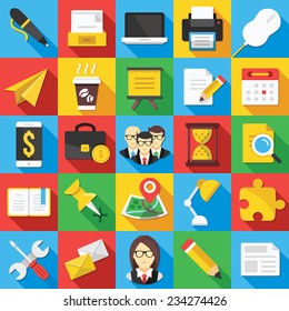 Vector flat icons set with long shadow for web and mobile apps. Creative colorful modern design illustrations,elements, concepts of business, office work, team management, seo.