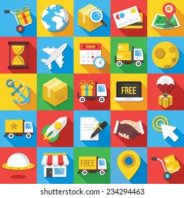 Vector flat icons set with long shadow for web and mobile apps. Colorful modern design illustrations, symbols, elements, objects,equipment, concepts of delivery, shipping process, ecommerce, logistics