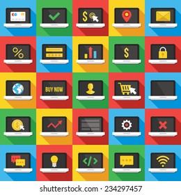 Vector flat icons set with long shadow for web and mobile apps. Colorful modern design illustrations, concepts, elements.Laptop icons for web development,ecommerce,technology,ppc,business,banking, etc