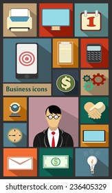 Vector flat icons set with long shadow. Business, office and marketing items icons.