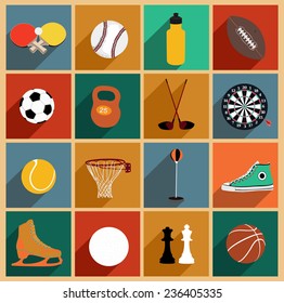 Vector flat icons set with long shadow. Colourful collection of sporting icons