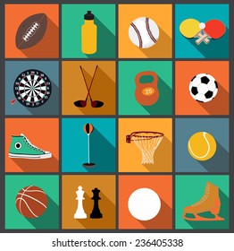 Vector flat icons set with long shadow. Colourful collection of sporting icons