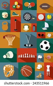 Vector flat icons set with long shadow. Colourful collection of sporting icons