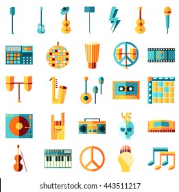 Vector flat icons set, Music theme. Guitar, tape, drums, note, vinyl. Rock, metal, pop, hip hop, punk, electronic, latin, classical, jazz, blues, disco.