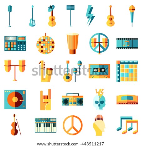 Vector flat icons set, Music theme. Guitar, tape, drums, note, vinyl. Rock, metal, pop, hip hop, punk, electronic, latin, classical, jazz, blues, disco.