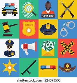 Vector flat icons set of police symbols and police equipment, elements. Flat design style collection. Police pictogram, illustrations, graphic design objects.