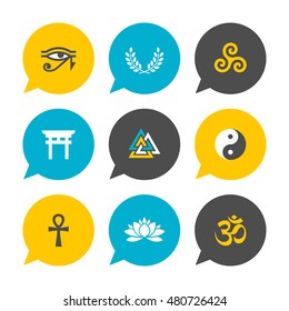 Vector Flat Icons Set - Spiritual Symbols (with Hindu Om Symbol)

