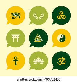 Vector Flat Icons Set - Spiritual Symbols (with Hindu Om Symbol)

