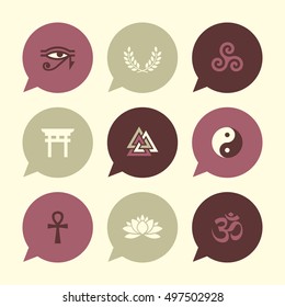 Vector Flat Icons Set - Spiritual Symbols (with Hindu Om Symbol)

