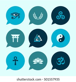 Vector Flat Icons Set - Spiritual Symbols (with Hindu Om Symbol)

