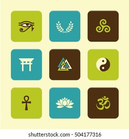 Vector Flat Icons Set - Spiritual Symbols (with Hindu Om Symbol)

