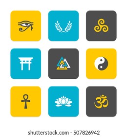 Vector Flat Icons Set - Spiritual Symbols (with Hindu Om Symbol)

