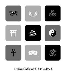 Vector Flat Icons Set - Spiritual Symbols (with Hindu Om Symbol)

