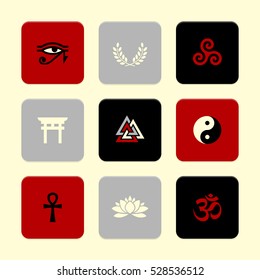 Vector Flat Icons Set - Spiritual Symbols (with Hindu Om Symbol)

