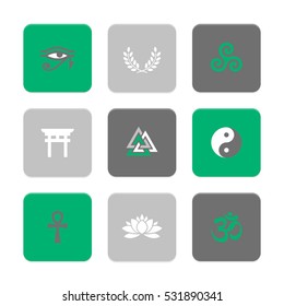 Vector Flat Icons Set - Spiritual Symbols (with Hindu Om Symbol)

