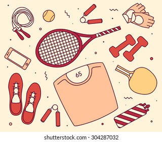 Vector flat icons set of sport tools, fitness elements. Gym bag essentials, top view