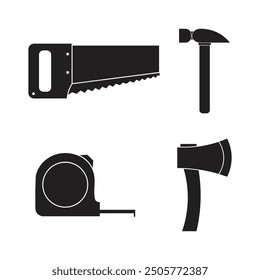 vector flat icons sheet equipment tool, axe, hammer, saw, measuring tool