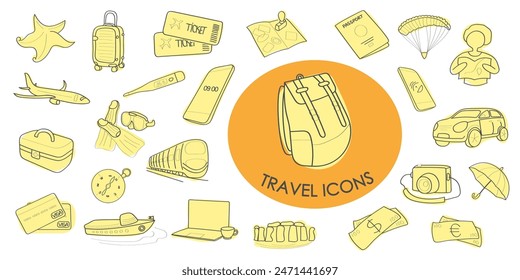 Vector flat icons for a travel company: backpack, first aid kit, ship, car, compass, fins, parachute and much more. Cartoon style. For websites of travel companies, travelers, bloggers, hotels.
