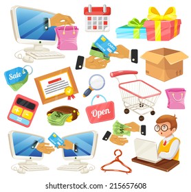 Vector flat icons vintage illustrations set. Colorful trendy cartoon art, concepts and ideas for ecommerce, e-shop, e-business, shopping, online purchase, etc. Isolated on white background.