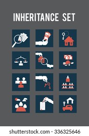 Vector flat icons. White hands with red details on a blue background. Real estate. Objects of inheritance.