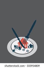 Vector flat icons. White objects with red details on a blue background. Business set. Illustrations