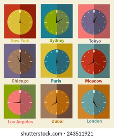Vector flat icons. World clock, time difference in major cities