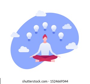 Vector flat idea meditation illustration. Sitting woman with light bulb symbols on sky background. Concept of creativity, life work balance, mindfullness Design element for banner, poster, infographic