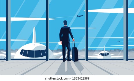 Ilustración plana vectorial de un hombre de negocios parado en el aeropuerto. Concepto de un hombre vestido con una maleta en el salón del aeropuerto mirando al aeródromo. Salida hacia el interior de la sala de espera