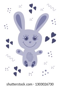 Vector flat illstration for postcard with little bunny and hearts