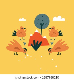 Vector flat illustartion card with birds and hen. Funny characters for kids. Cartoon style