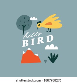 Vector flat illustartion card with chicken. Funny characters for kids. Cartoon style