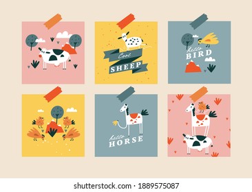 Vector flat illustartions set of cards with animals - horse, cow, chicken and bird with sheep. Funny characters for kids. Cartoon style poster