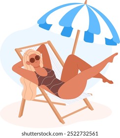 Vector flat illustation of girl on the beach with natural colors