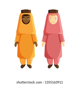 Vector Flat Illustraion of Muslim Men isolated on White Background. Two Men in Traditional Arabic Clothes. African and European Guys are Muslim. Flat Characters for Holiday Ramadan