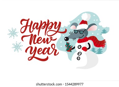 Vector flat illustration 2020 happy new year, merry Christmas. Design funny cartoon character, snowman mouse. Rat is talisman of eastern Chinese calendar. Template greeting card Hand written lettering
