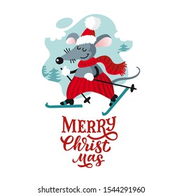 Vector ilustración plana 2020 feliz año nuevo, feliz Navidad. Diseño divertido personaje de caricatura, ratón de esquí. Rat es el talismán del calendario chino oriental. Cartelaje escrito de mano de tarjeta de felicitación de plantilla